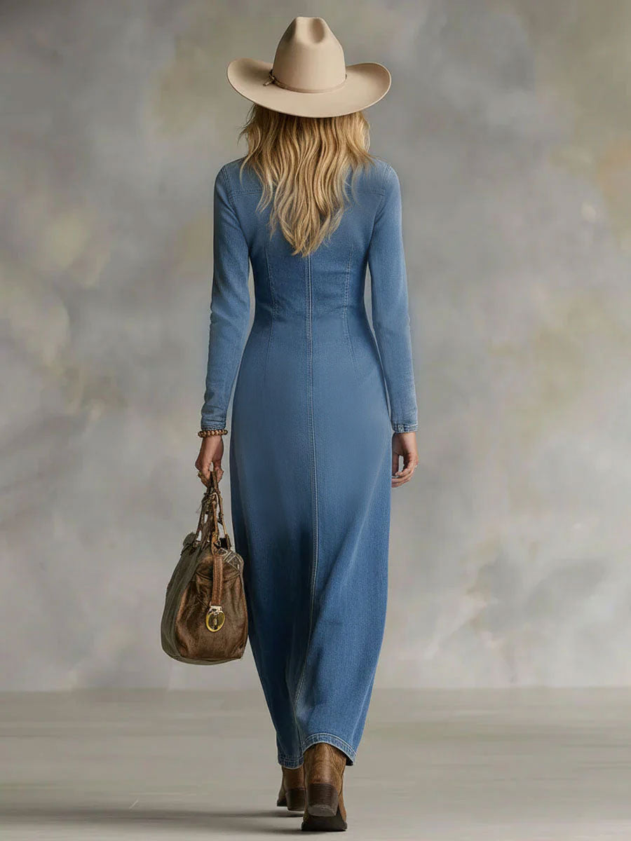Agape | V-neck Single Button Side Split Denim Long Sleeve Maxi Dress