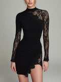 Black Turtleneck Lace Asymmetrical Tulle Long Sleeve Mini Dress