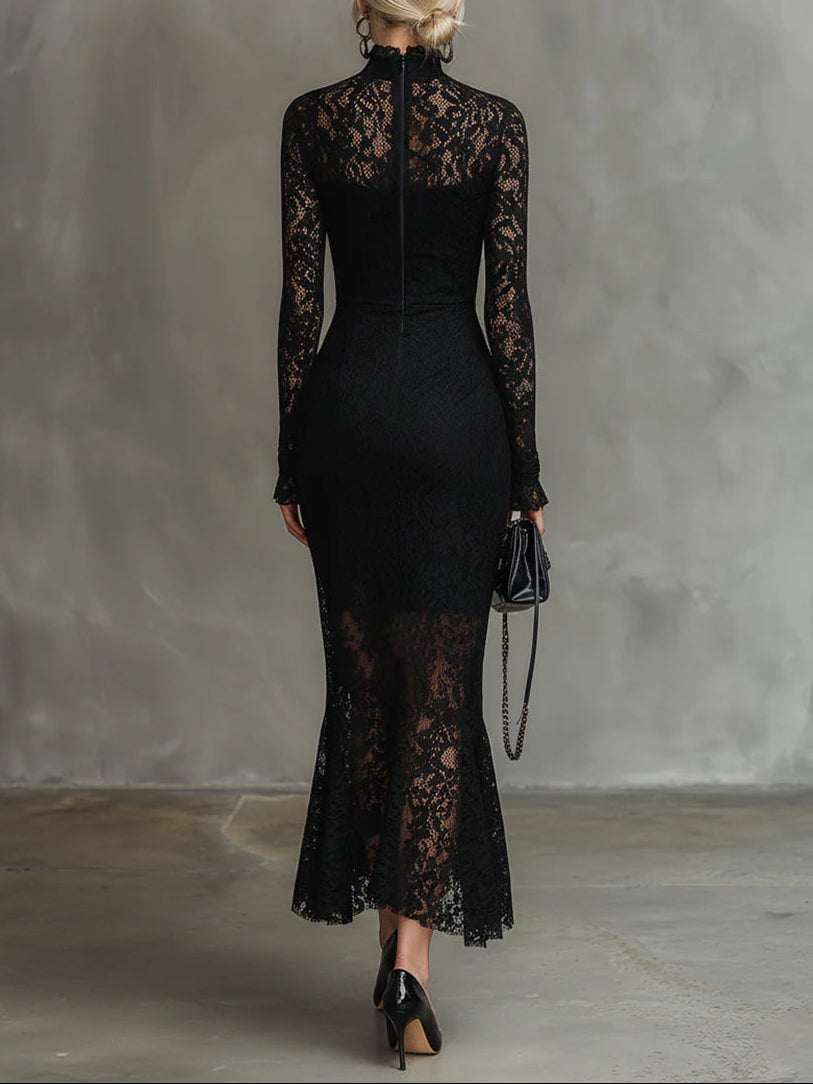 Elegant black stretchy lace fishtail maxi dress