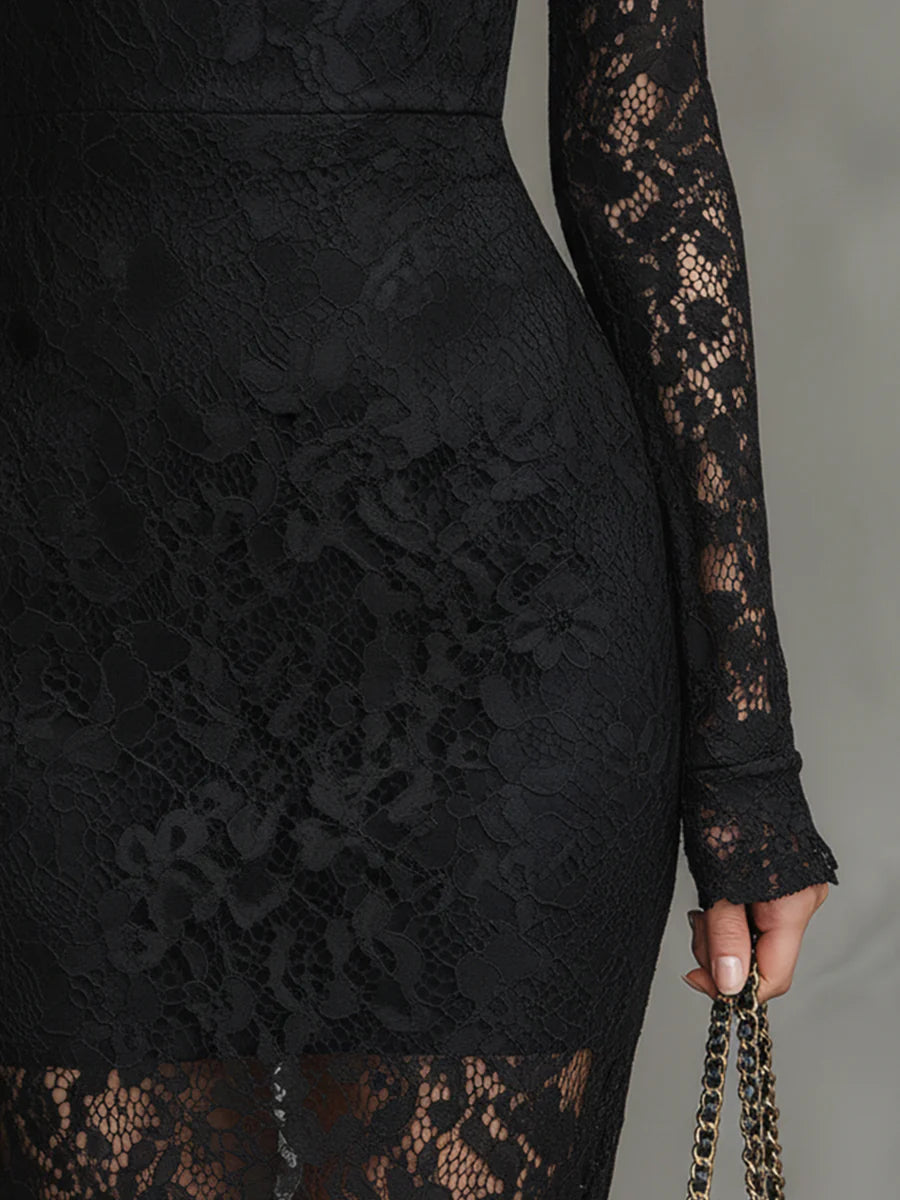 Elegant black stretchy lace fishtail maxi dress