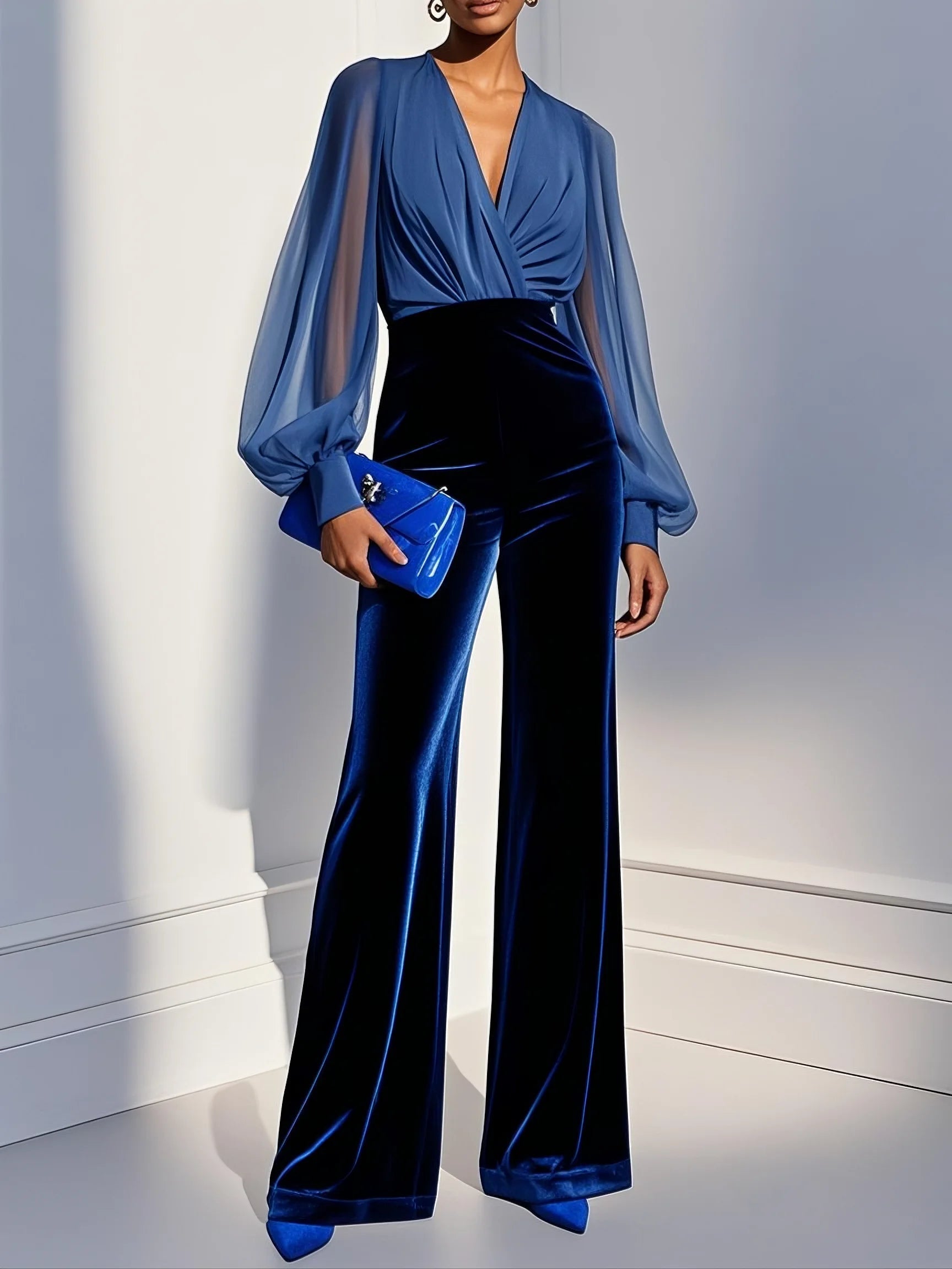 Blue mesh V-neck long sleeve velvet jumpsuit