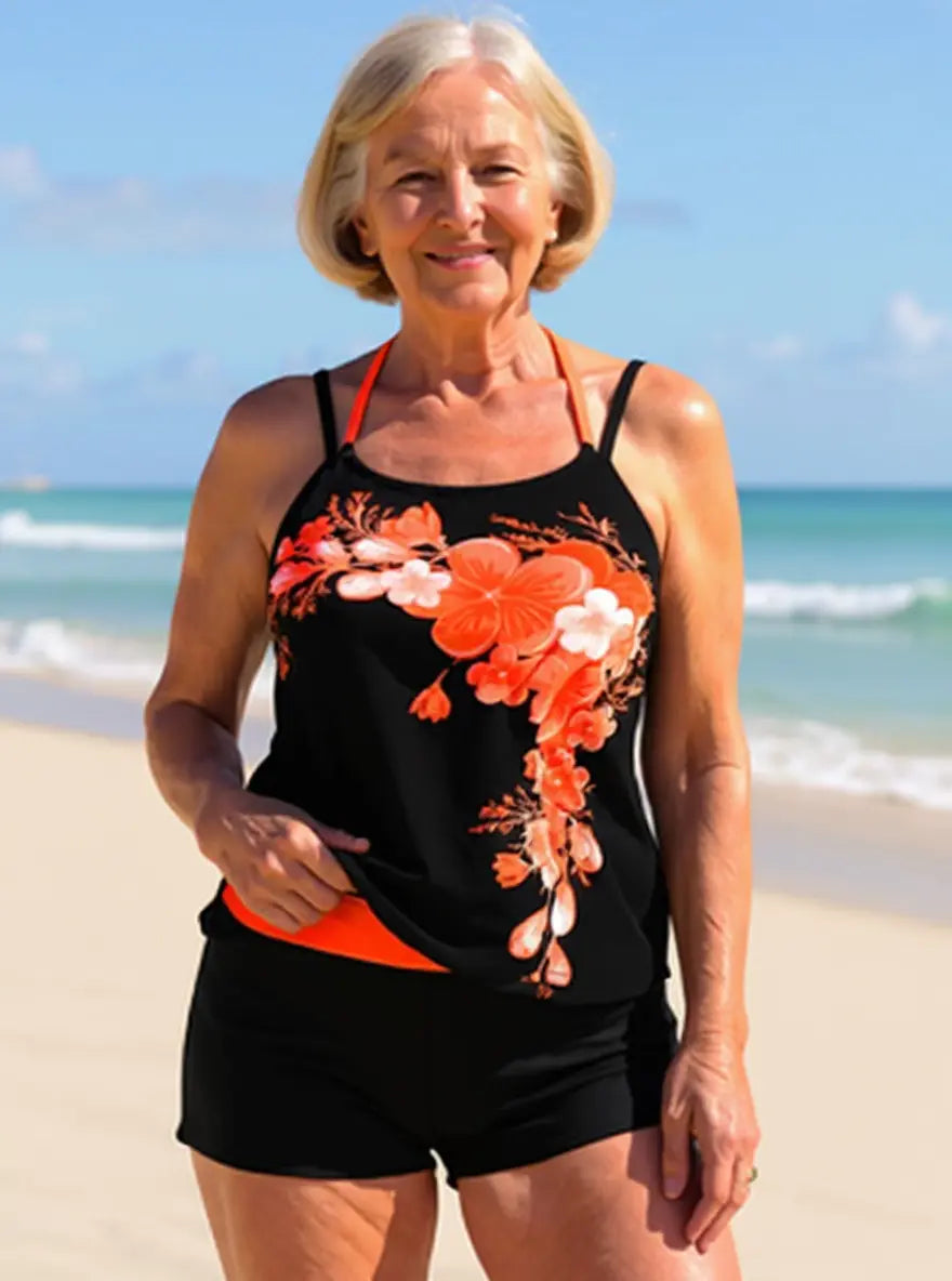 Avery | Floral Print Halter Tankini Set with Cross Strap